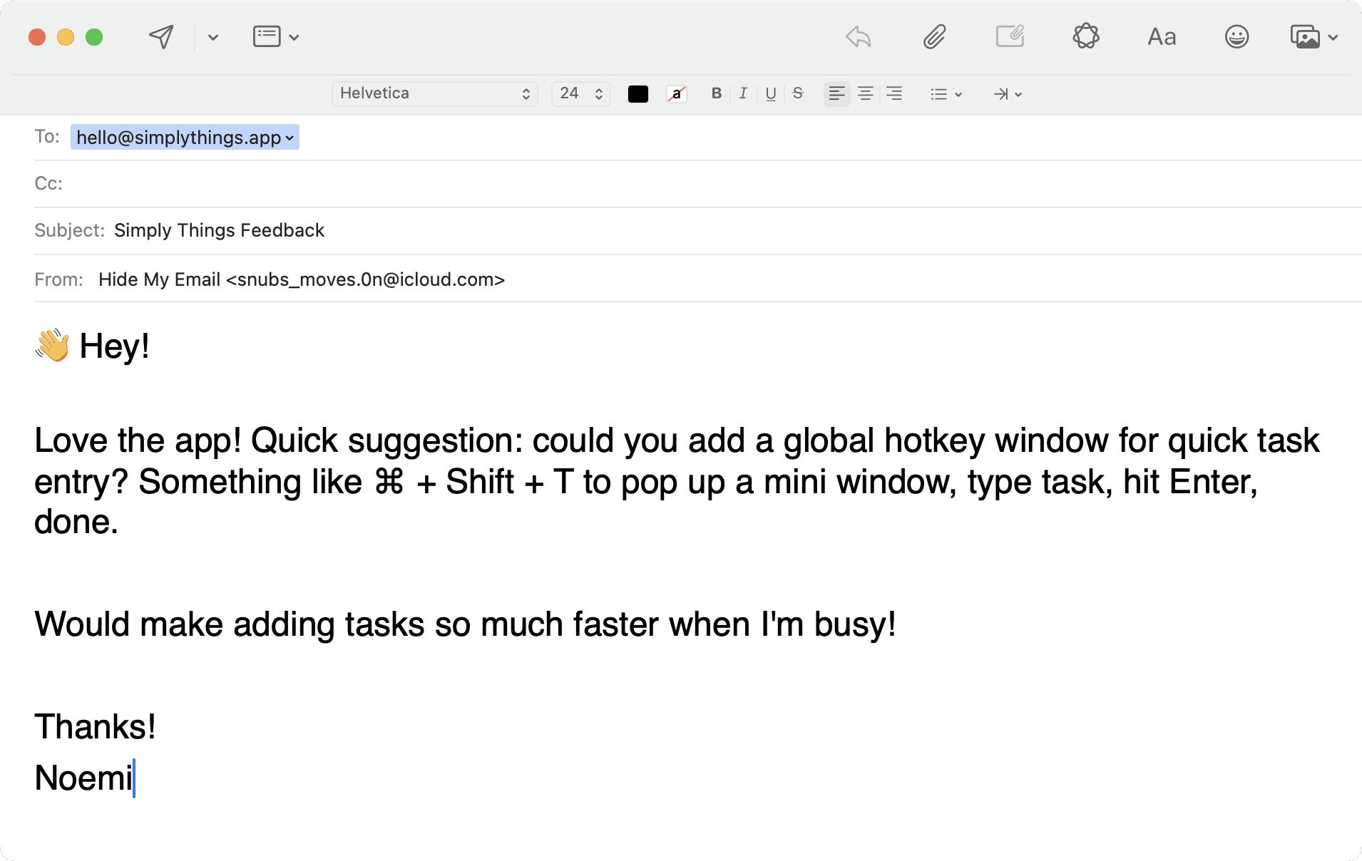 Email con sugerencias rápidas para Simply Things